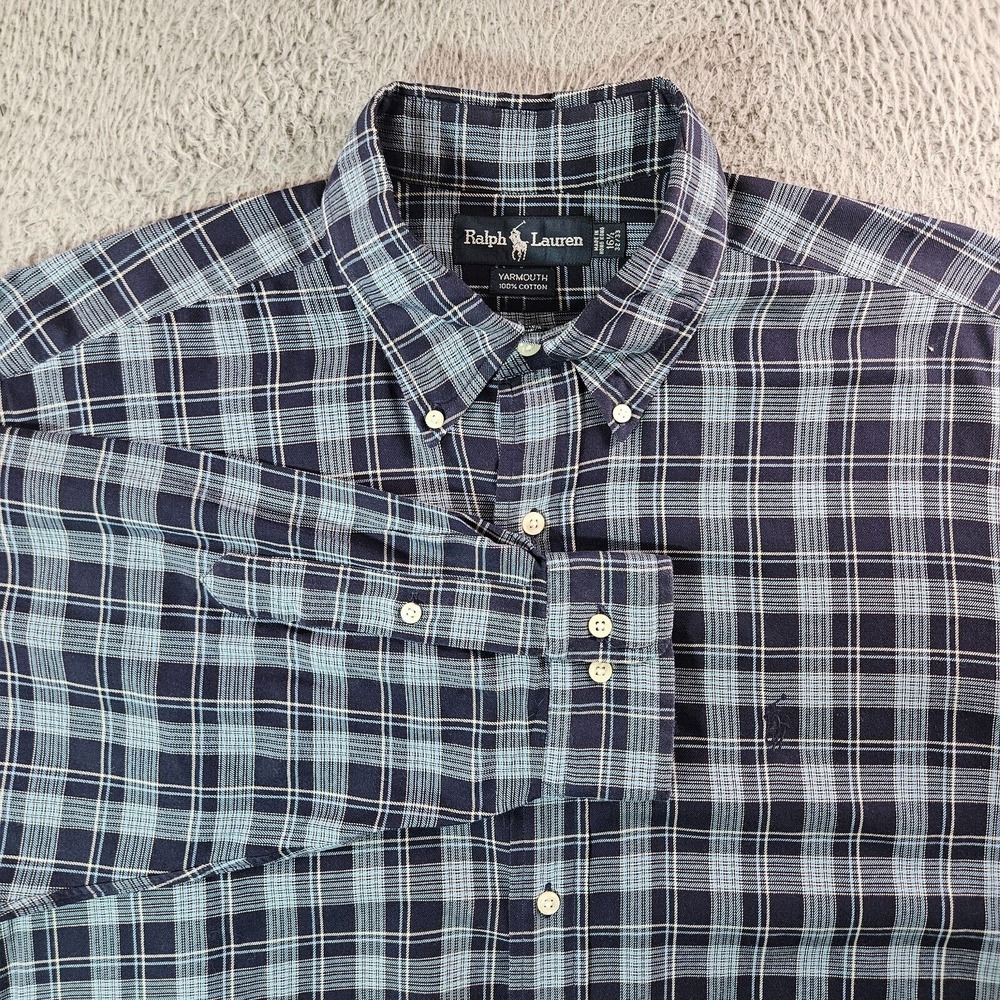 Ralph Lauren Yarmouth Shirt Men 16.5 32 33 Button Up Long Sleeve Blue Plaid